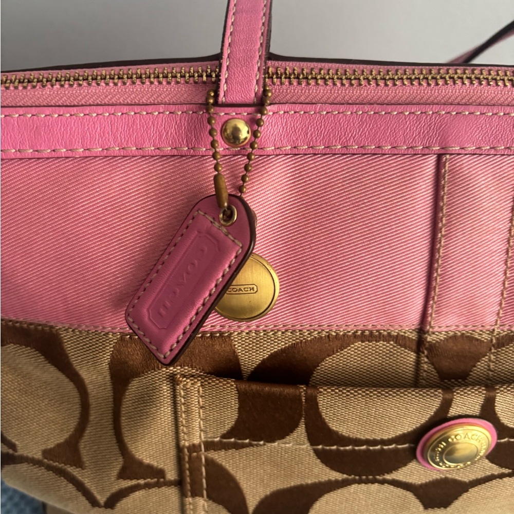 Coach Brown Signature Canvas Tote with Pink Trim - Picture 2 of 7